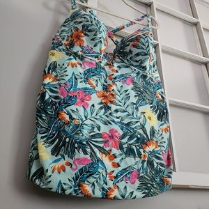 Cacique Plus Swim Flamingo Tropical Plunging V Tankini Top size 38G